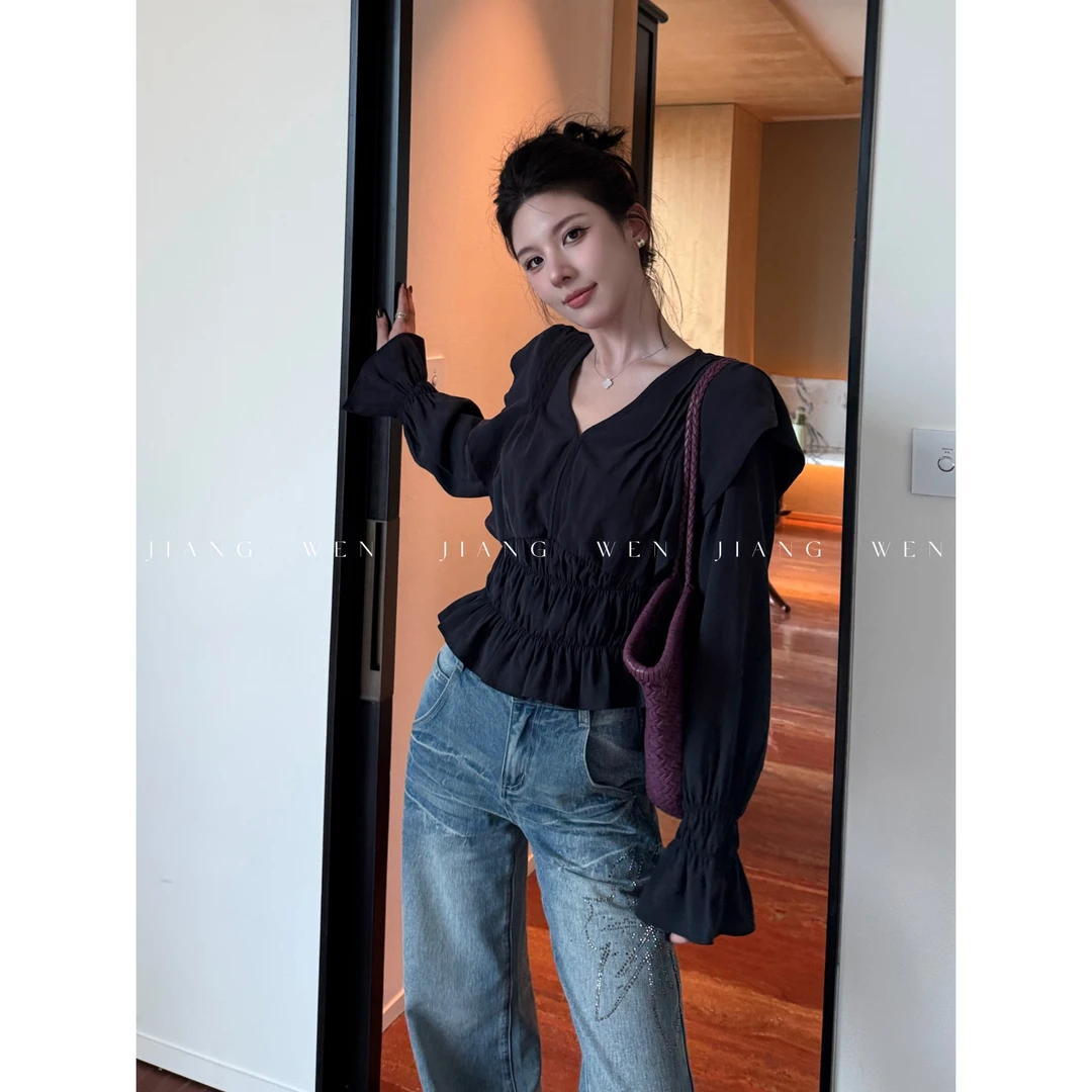 【雾都】法式V领褶皱收腰显瘦荷叶边设计感桃皮绒长袖衬衫