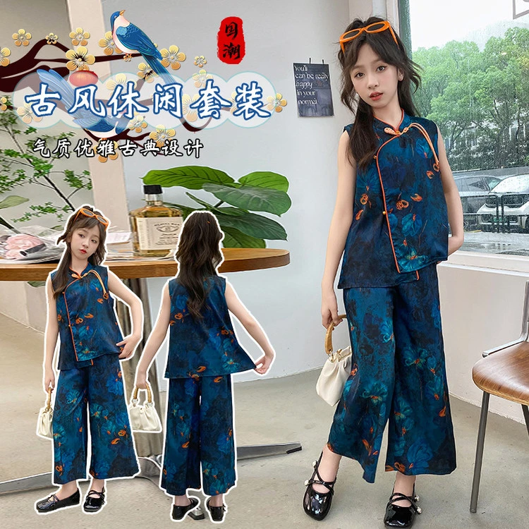 新中式女童汉服套装2025新款夏复古中国风碎花无袖上衣半身裙儿童