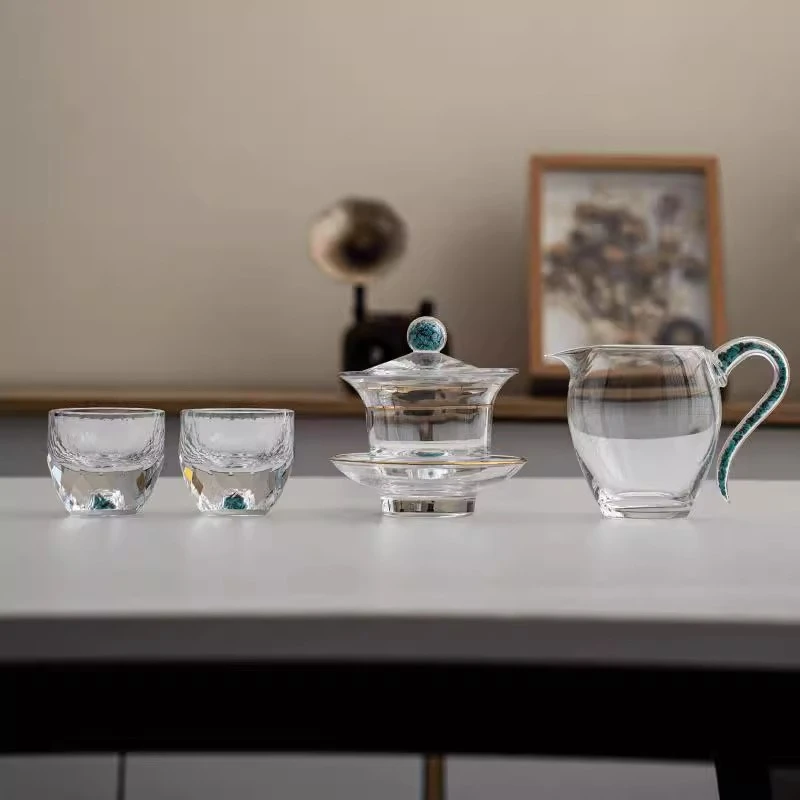 简约山水水晶绿松石透明玻璃三才盖碗套组高端泡茶碗轻奢功夫茶具