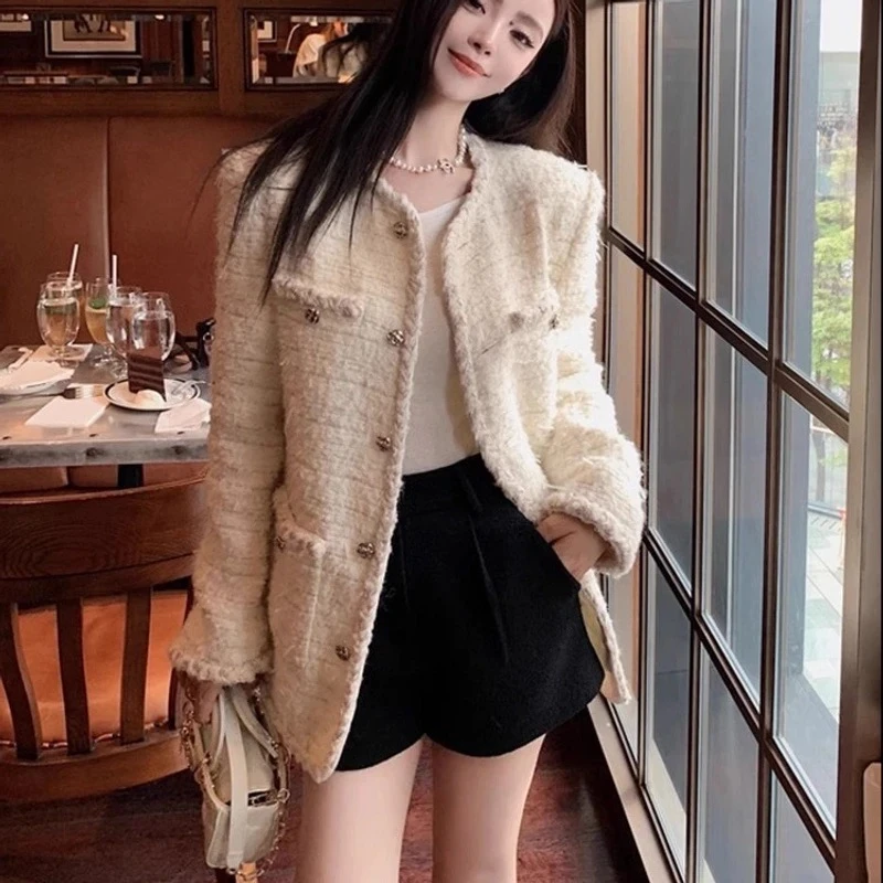 新款春季韩版重工高奢气质粗花呢手工编织小香风外套圆领上衣