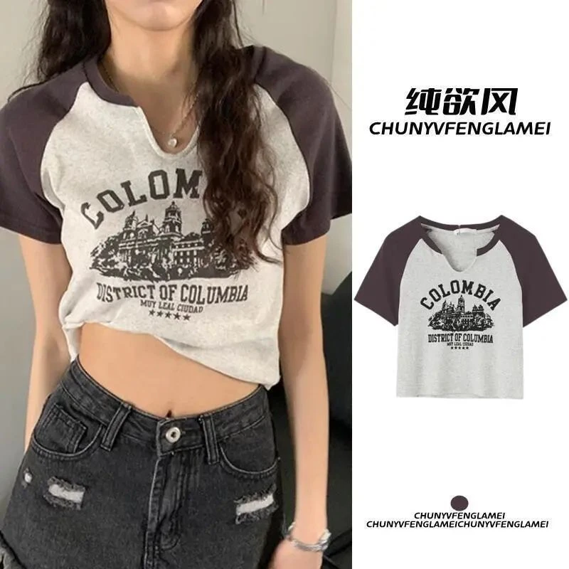 短袖ins短款T恤休闲夏季修身显瘦印花小众短袖t恤印花设计感美式