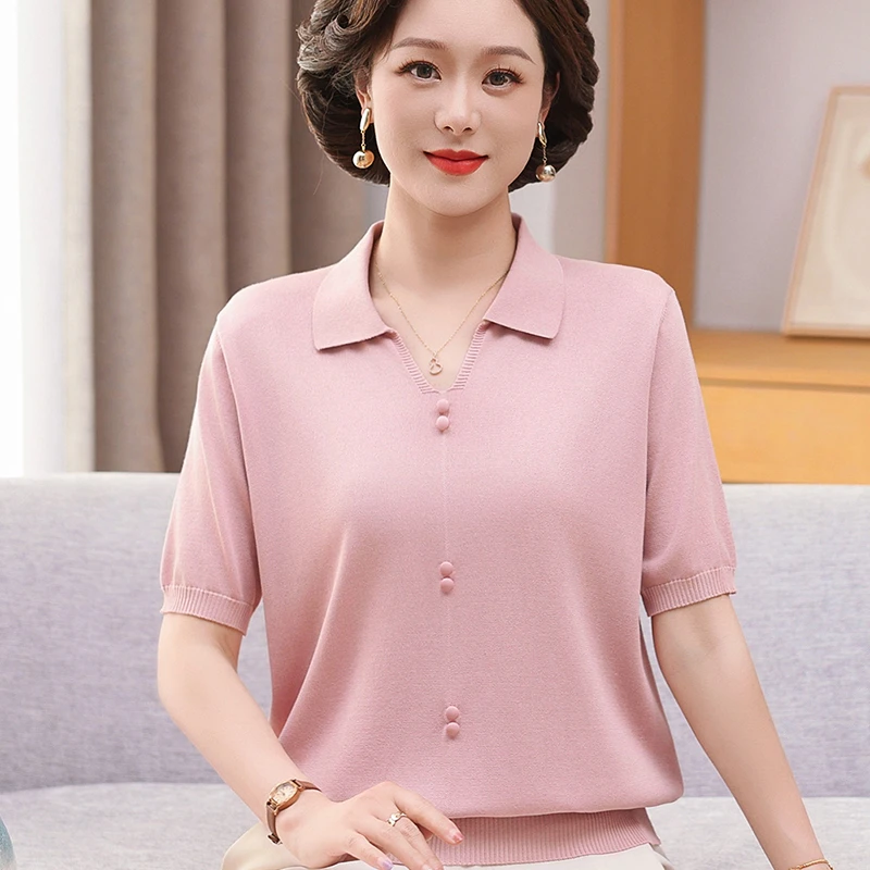 妈妈夏装2025新款冰丝短袖T恤衫50岁中老年女装洋气减龄针织上衣