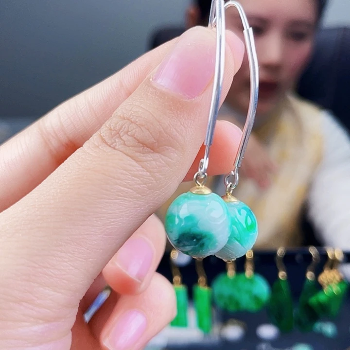 翡翠耳饰银S925镶嵌饰品