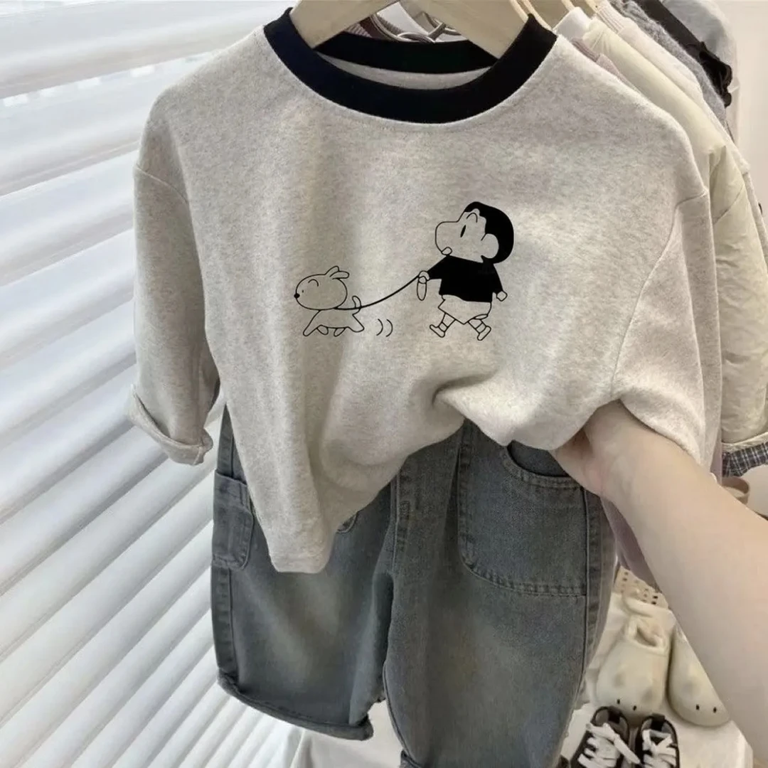 纯棉男女宝宝内搭长袖撞色圆领T恤中小儿童卡通印花蜡笔小新童装