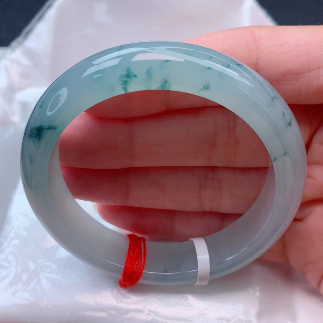 翡翠未镶嵌手镯52圈 冰种起光起胶蓝底飘蓝花种老完整