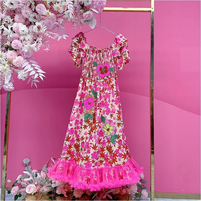 A3261欧美设计师2025秋季新款重工钉珠刺绣亮片花朵时尚连衣裙女