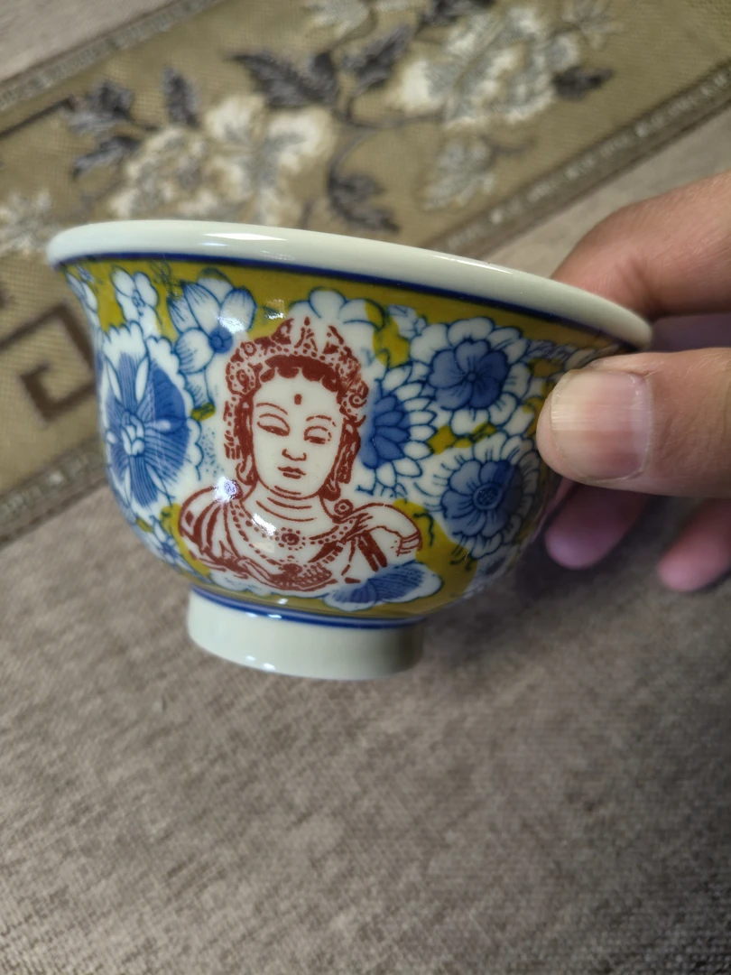 景德镇陶瓷全手工手绘黄稀土帝王黄万花佛头满工压手杯