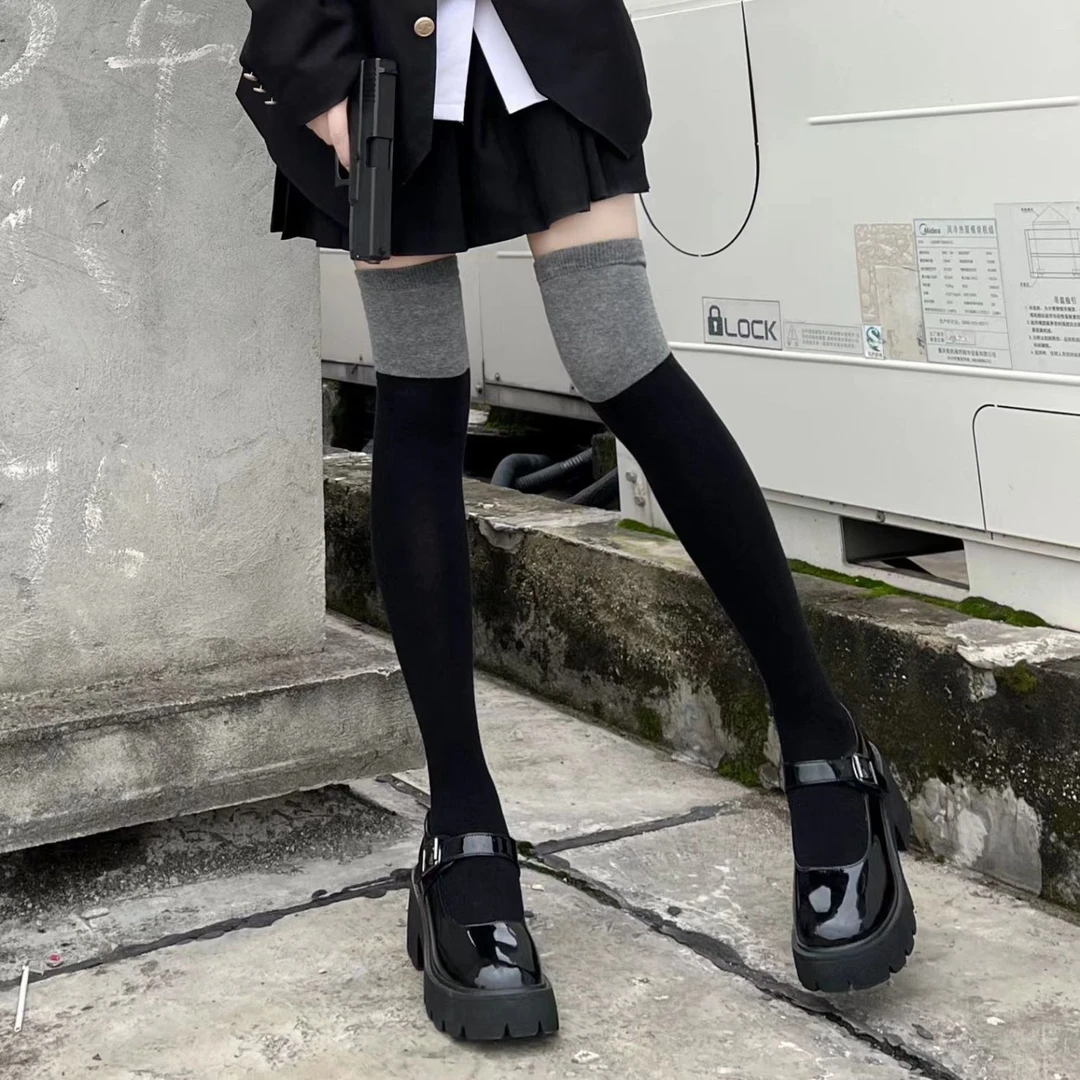 【分段式压力显瘦】长筒袜过膝袜春秋款黑灰拼接学院风JK小腿袜FF