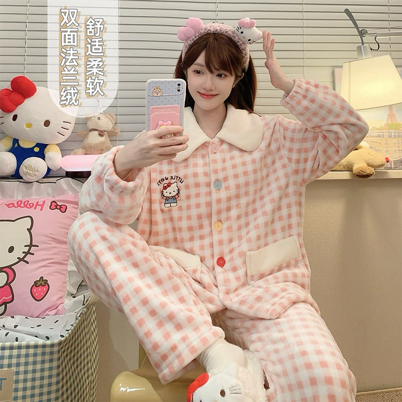 法兰绒睡衣女秋冬加绒加厚可爱星星小熊宿舍保暖珊瑚绒套装家居服