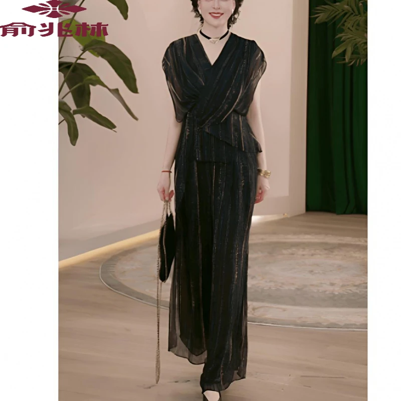 2025新款夏季妈妈装薄款时尚套装衬衣女装洋气妈妈装夏季阔腿黑色