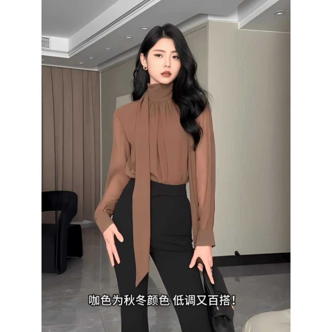 法式设计感御姐气质上衣女装初秋季新款高级感飘带半高领长袖衬衫