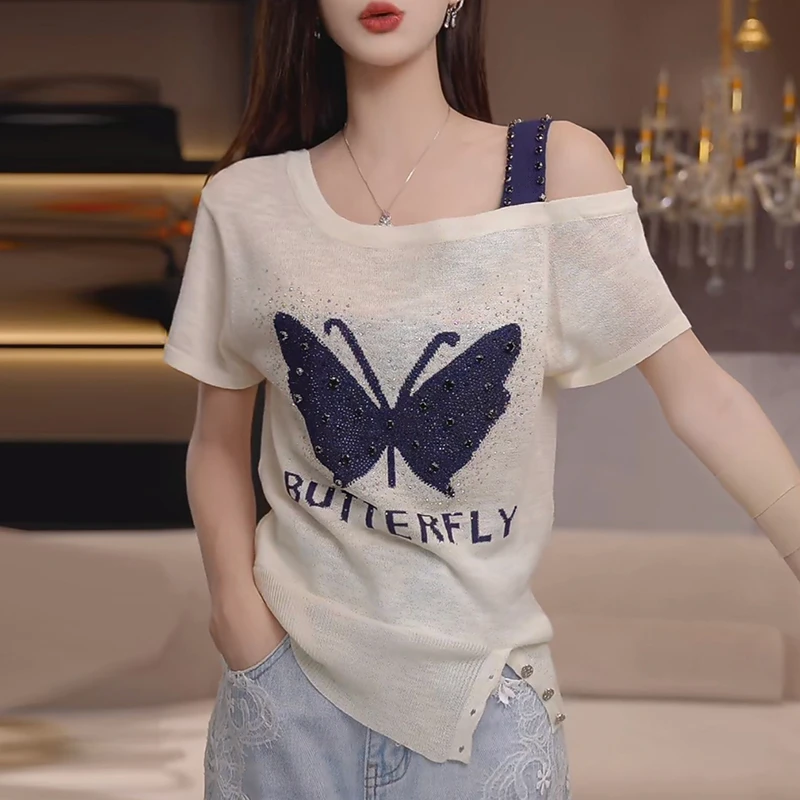 大码烫钻蝴蝶刺绣露肩短袖T恤女微胖妹妹设计感宽松显瘦百搭上衣