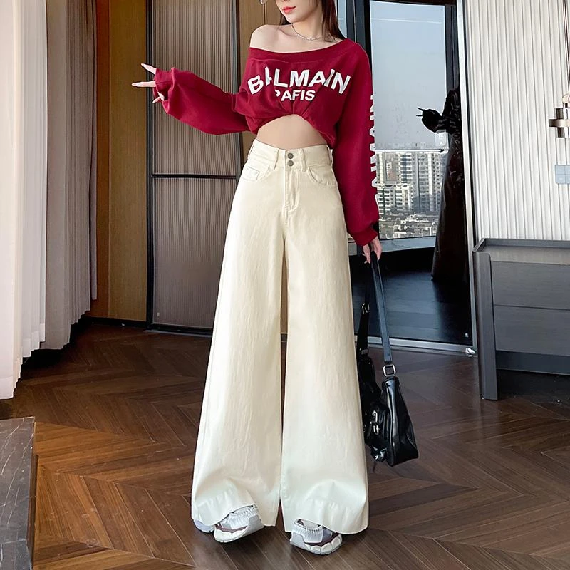 米白色牛仔大脚裤女秋冬加绒加厚阔腿裤高腰宽腿巨显瘦垂感拖地裤