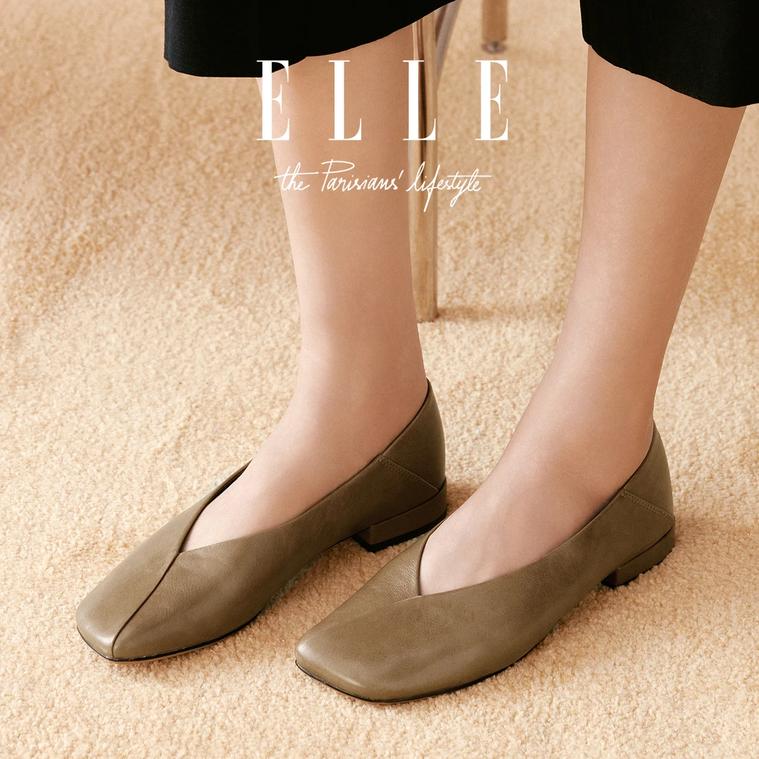 ELLE法式复古奶奶鞋女2025新款斜头V口妈妈鞋一脚蹬真皮低跟单鞋