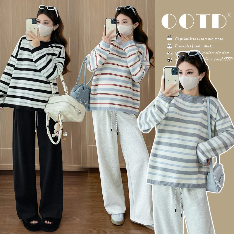 孕妇秋季显瘦条纹针织毛衣慵懒风休闲百搭上衣+阔腿裤孕妈两件套