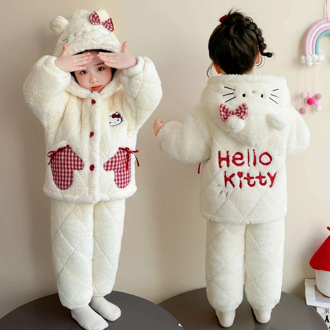 儿童睡衣2025新款冬加厚女童珊瑚绒套装宝宝三层夹棉加厚保暖棉衣
