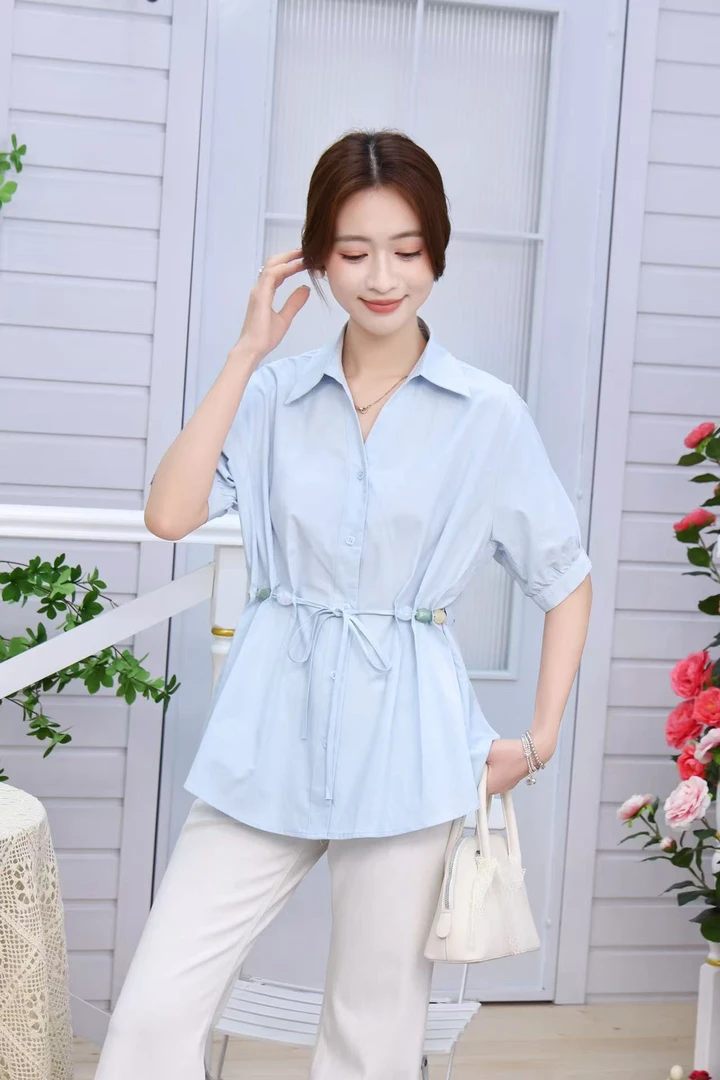 05239#{衣长66}系带收腰短袖衬衫纯色时尚经典百搭女夏