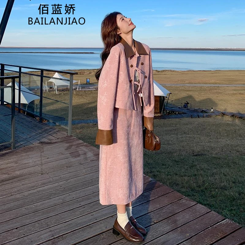 春秋新中式pu皮拼接套装裙女秋季国风两件套早春氛围感一整套裙子