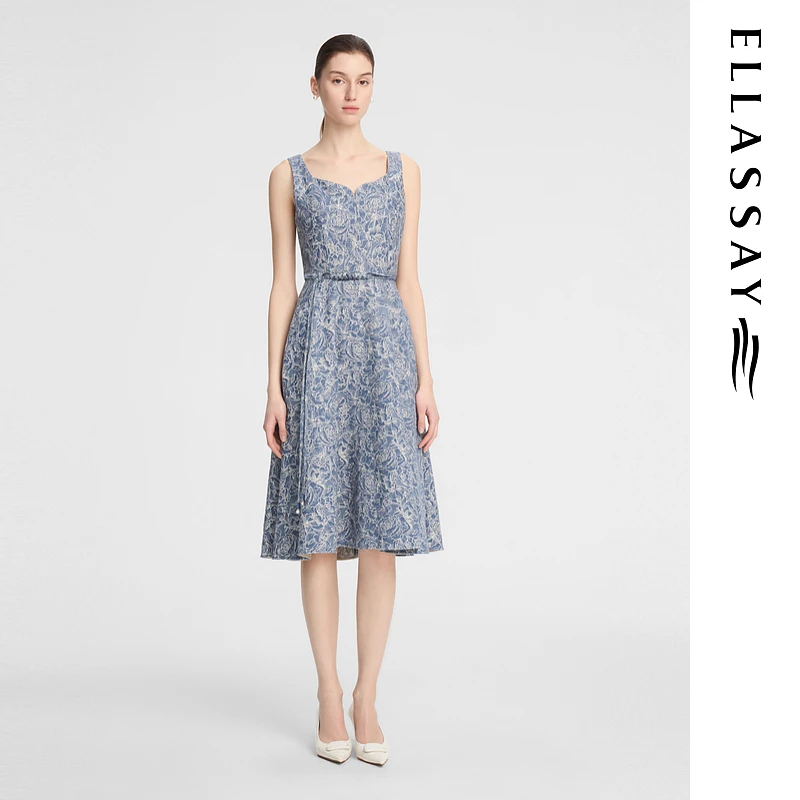 ELLASSAY歌力思早秋新款棉国风牛仔提花连衣裙女EWW353Y01900