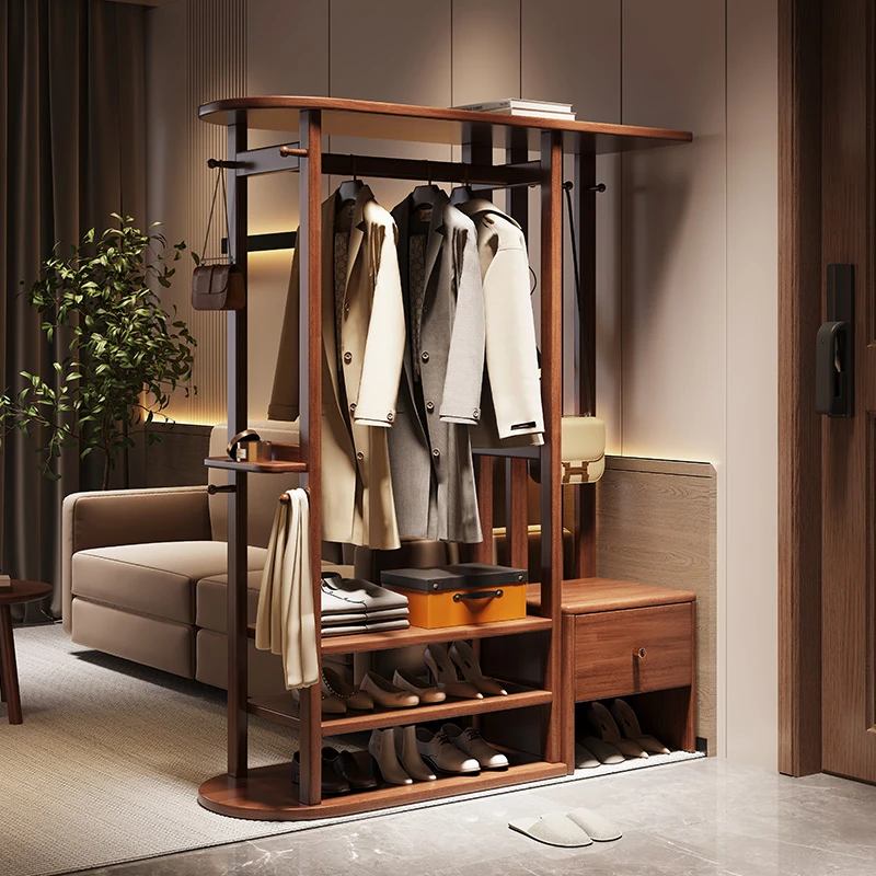 实木挂衣架落地储物入户进门玄关鞋凳一体简约客厅衣帽架多功能