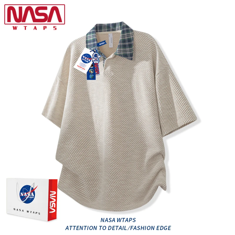 NASA WTAPS潮牌老钱风短袖衬衫男夏季宽松休闲条纹POLO衫长裤套装