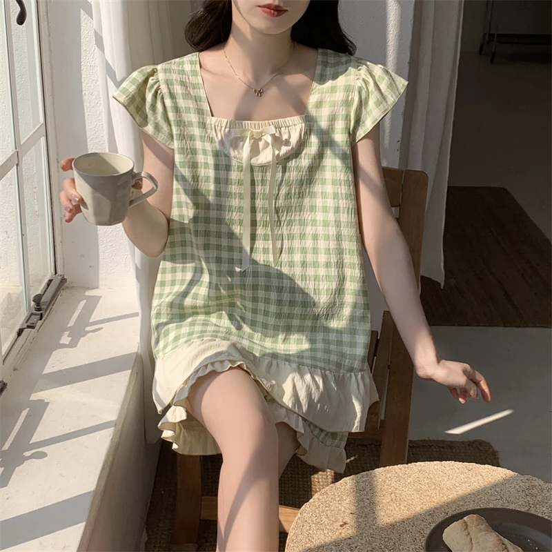 夏季睡衣女士薄款短袖短裤套头甜美格子夏天可外穿气质家居服套装