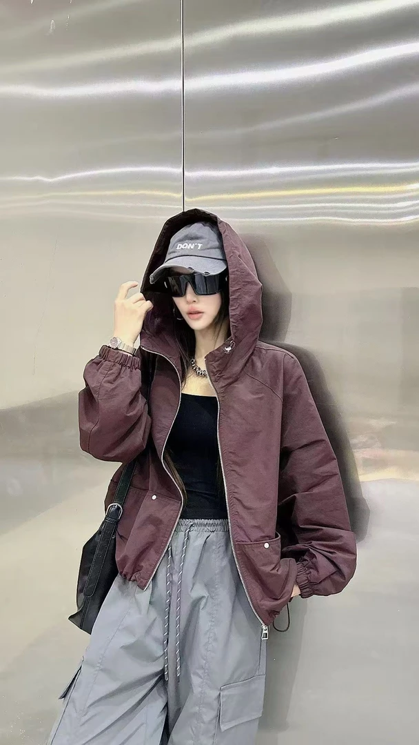 秋季！显瘦百搭，必入！05韩版短款带帽女纯色短外套长袖女士拉链