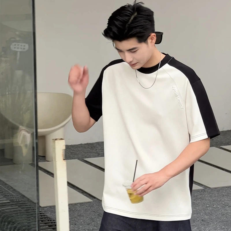 2025夏季新款潮流撞色拼接凉感短袖t恤男3D立体印花插肩半袖体恤