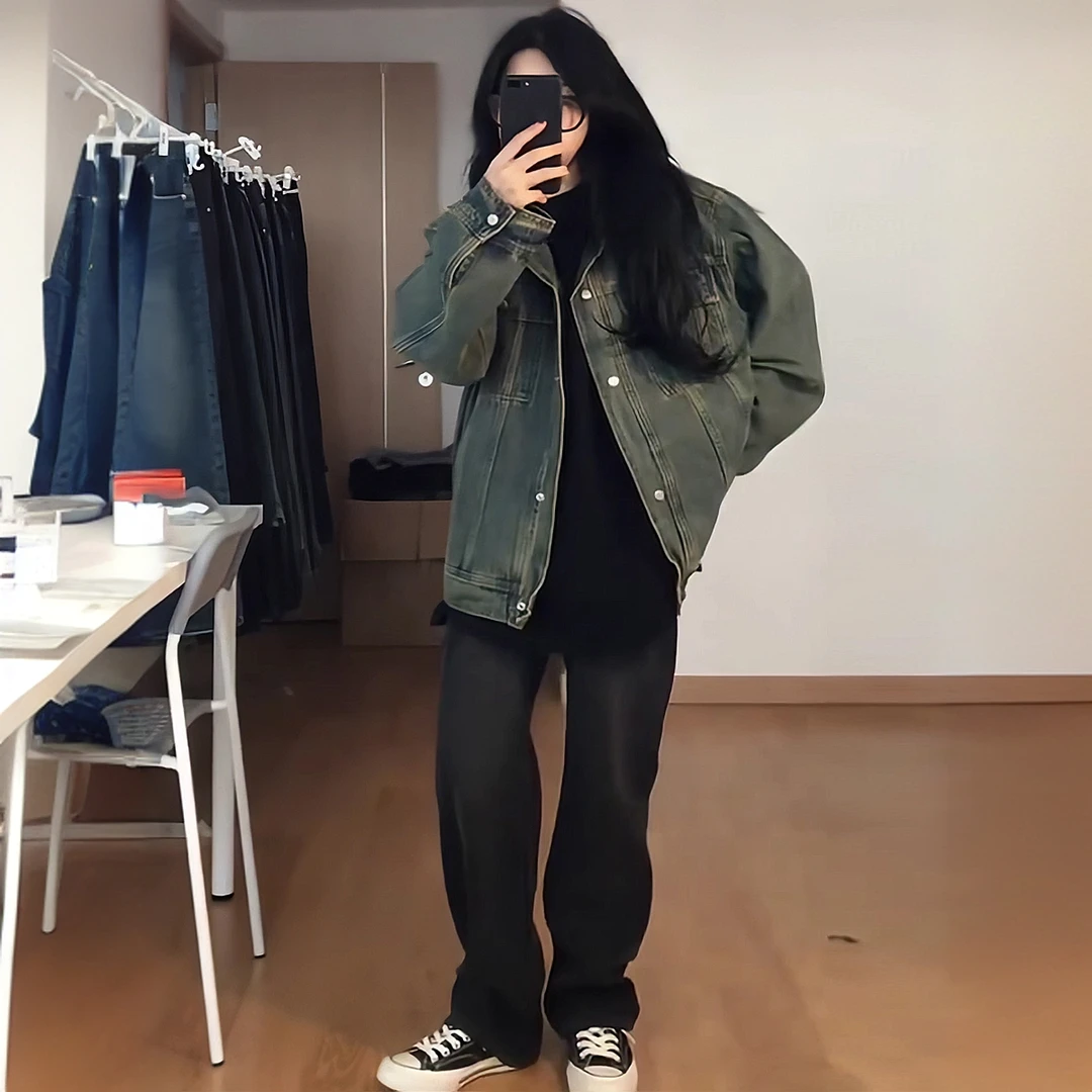 300斤特大码女装美式做旧牛仔外套春秋款韩版设计感宽松夹克上衣