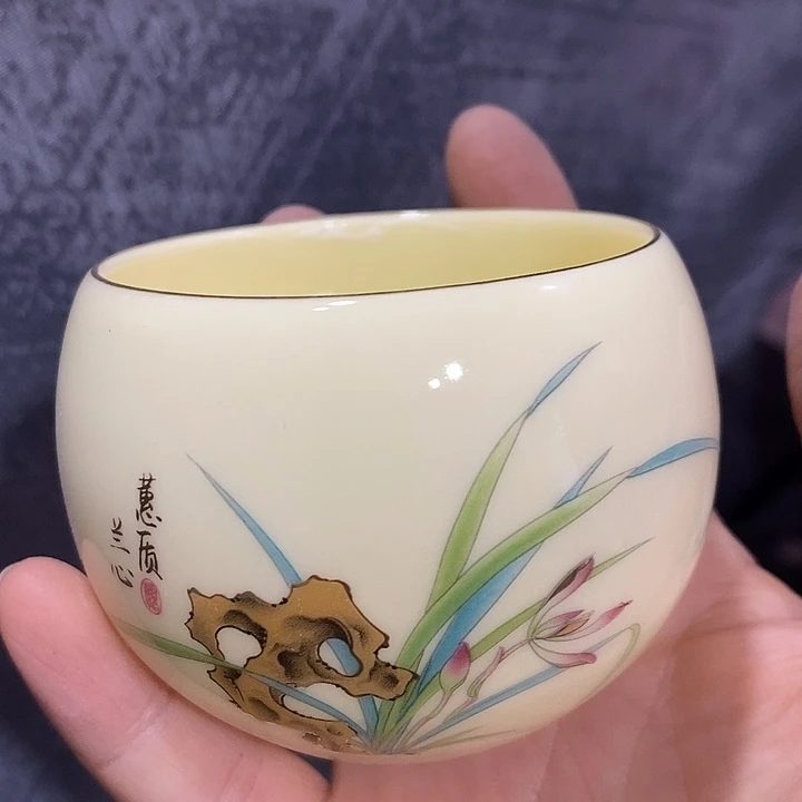 摆件陶黄稀土描金兰花大缸杯
