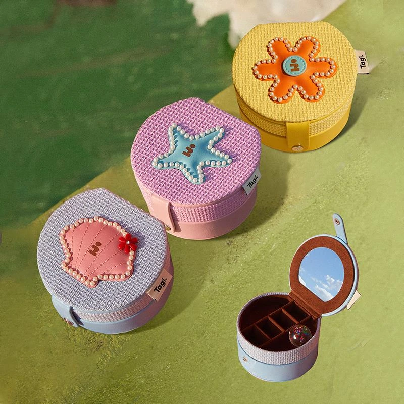 Tagi.钉珠想象星星小花贝壳鼓鼓珍珠双层圆可亚克力抽屉式收纳盒