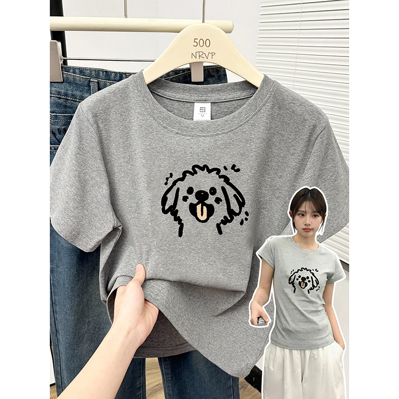 运补可爱小狗印花正肩短袖t恤女小个子减龄修身百搭高弹力棉上衣