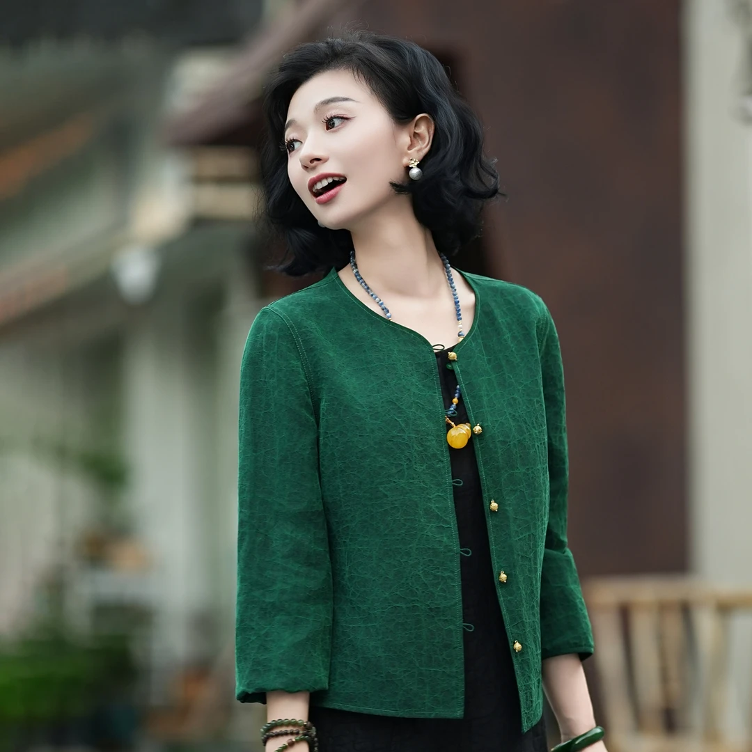 西子/【墨染青山】25姆米重磅桑蚕丝绿龟香云纱双面穿外套/WTYF024