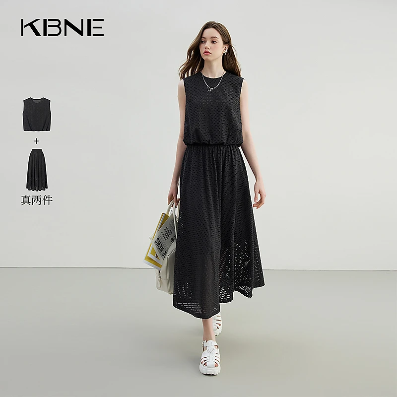 KBNE套装女2025新款爆款洋气无袖网眼针织上衣半裙黑色套装空气感