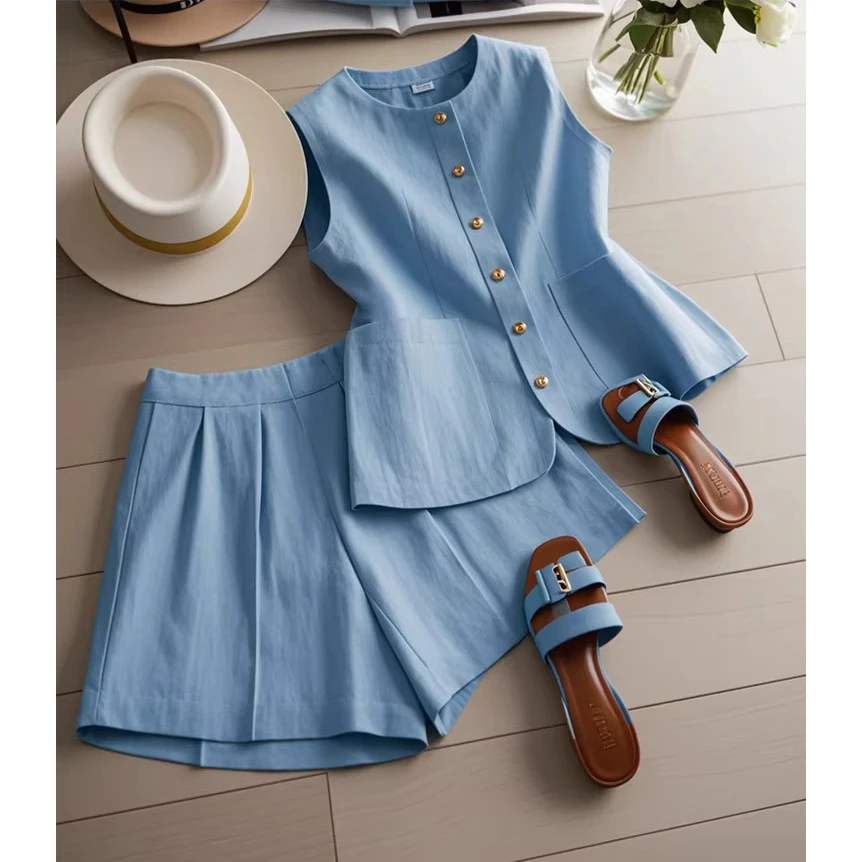 小个子梨型身材穿搭小众不撞款时尚洋气蓝色显瘦马甲短裤套装夏季