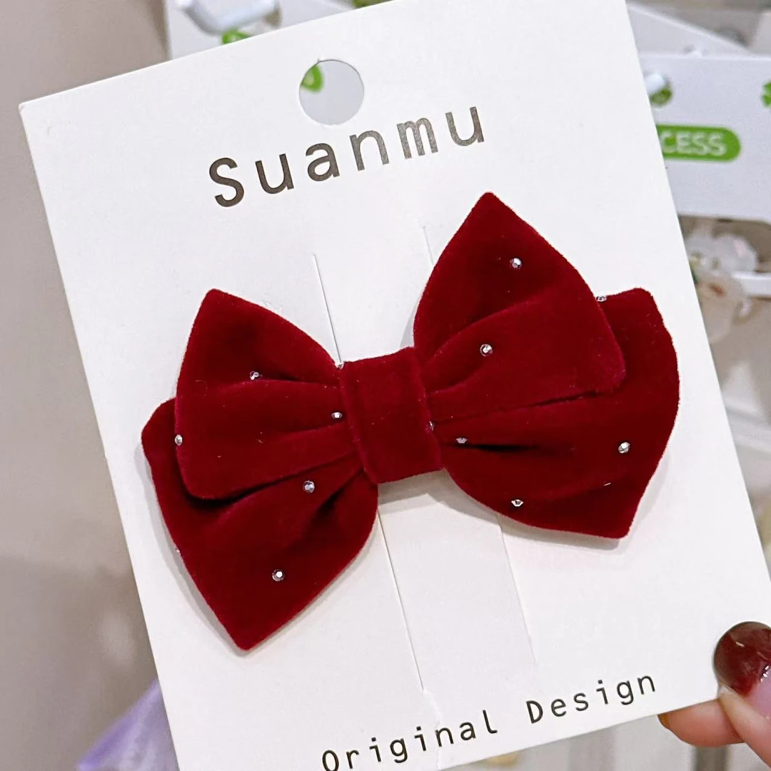 A-6271  mm 1个酒红色蝴蝶结植绒满天星秋冬新年鸭嘴夹     发圈