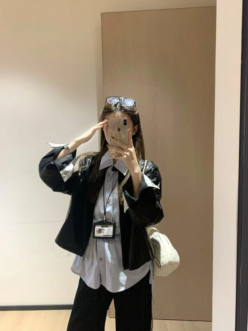 韩11气质百搭立领皮衣外套女韩版翻边条纹设计小个子短款夹克上衣