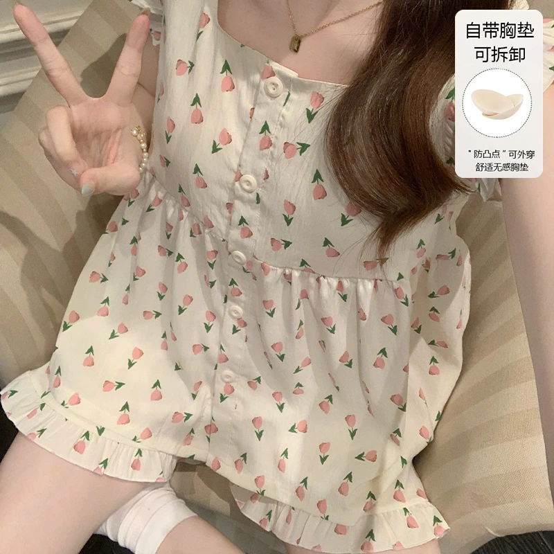 吊带睡衣女款夏季云朵棉甜美花朵小飞袖可爱少女带胸垫家居服套装