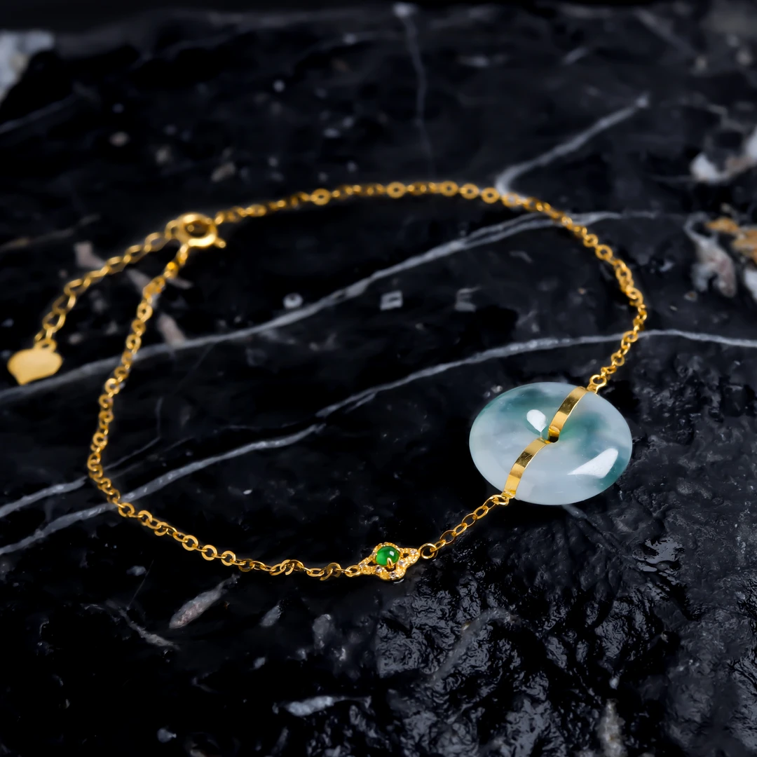 金马精选-18k金镶嵌天然缅甸a货翡翠时尚百搭冰飘花平安扣手链