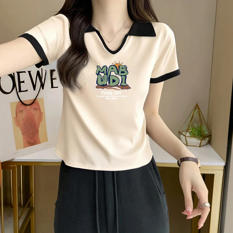 大码女装2025夏装新款胖MM设计感时尚减龄翻领印花棉短袖T恤上衣
