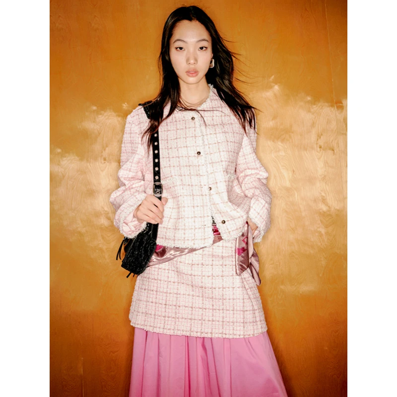 SUPERSCAPE素舶 小香编织花呢粉色格子短外套