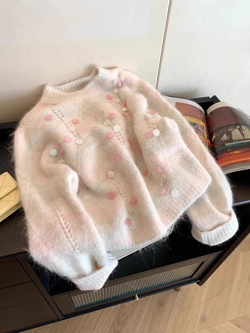 温柔渐变色圆领亮片毛衣女秋冬季2025新款宽松慵懒风软糯针织上衣