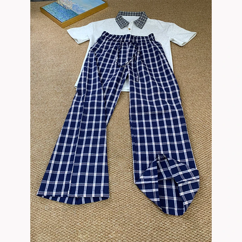 泡泡纱蓝色格子裤男女夏季薄款oversize裤子慵懒坠感凉感休闲长裤