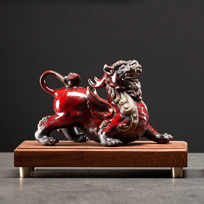 中式陶瓷貔貅摆件红色家居客厅酒柜摆设办公室招财装饰工艺品摆设