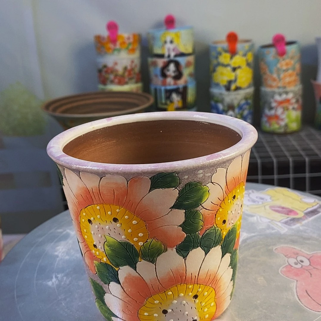 紫砂花盆红陶手绘花盆