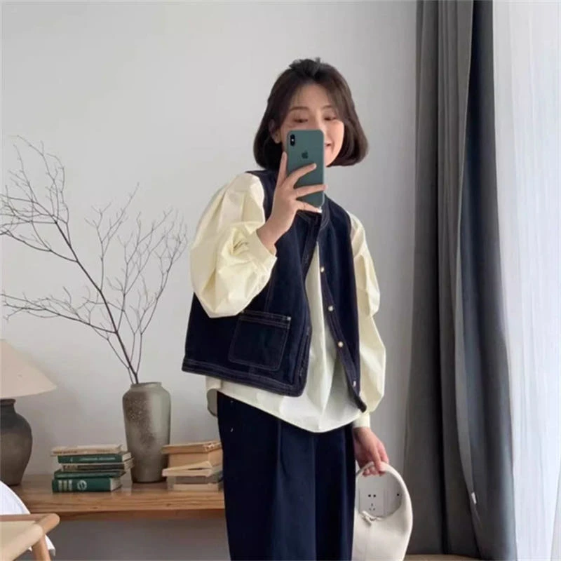 日系牛仔马甲圆领上衣马甲坎肩无袖外套女