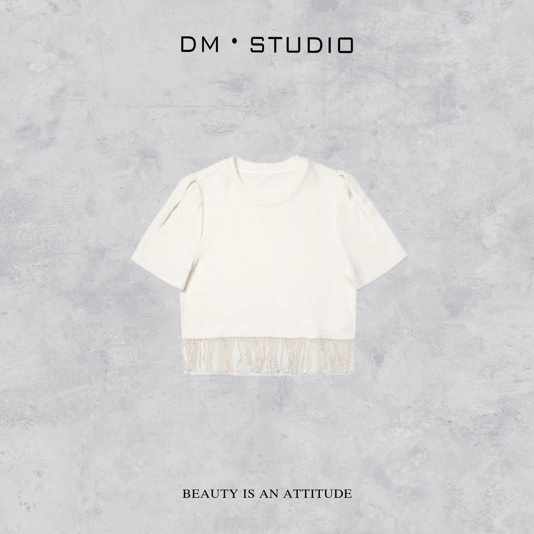 DEDM-DM•STUDIO/气质精致百搭小众设计款串珠圆领短袖上衣（9981）