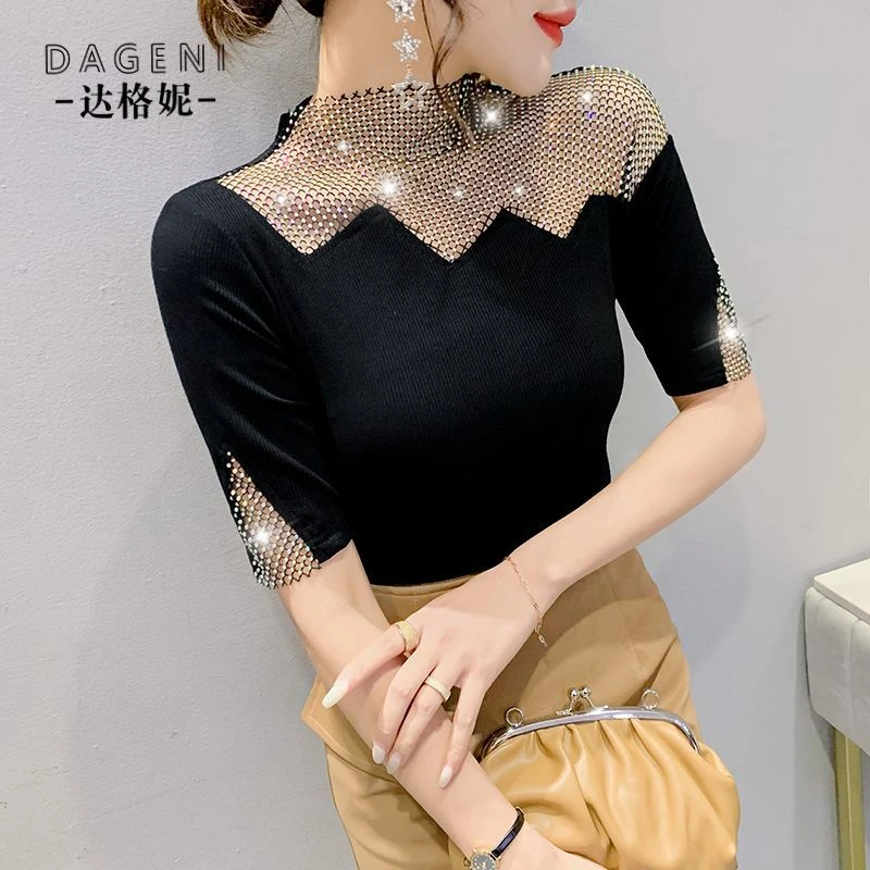 性感镂空拼接短袖t恤女2025夏季新款设计感烫钻半袖上衣时尚小衫