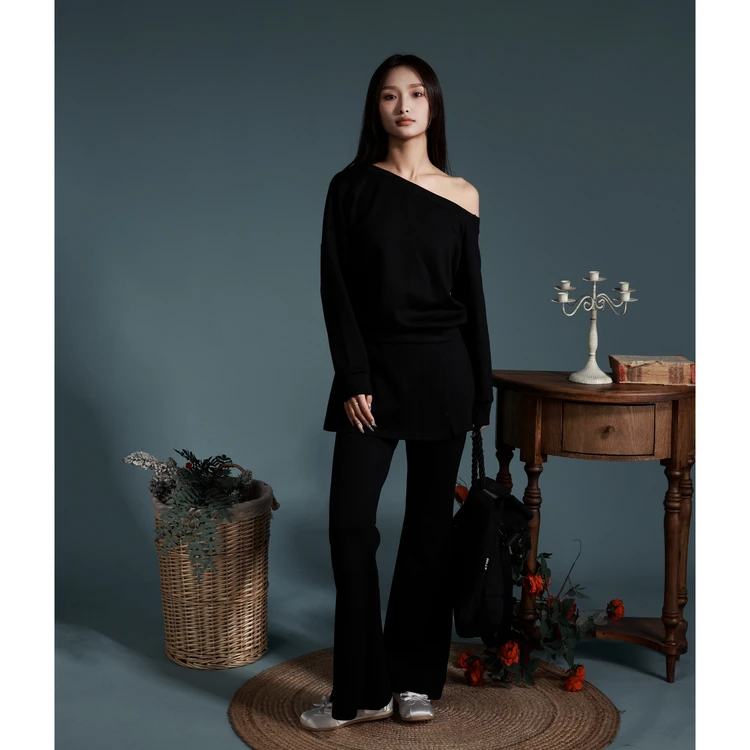 西町村屋假两件微喇长裤女装春季新款休闲百搭简约裤子XXAA10150