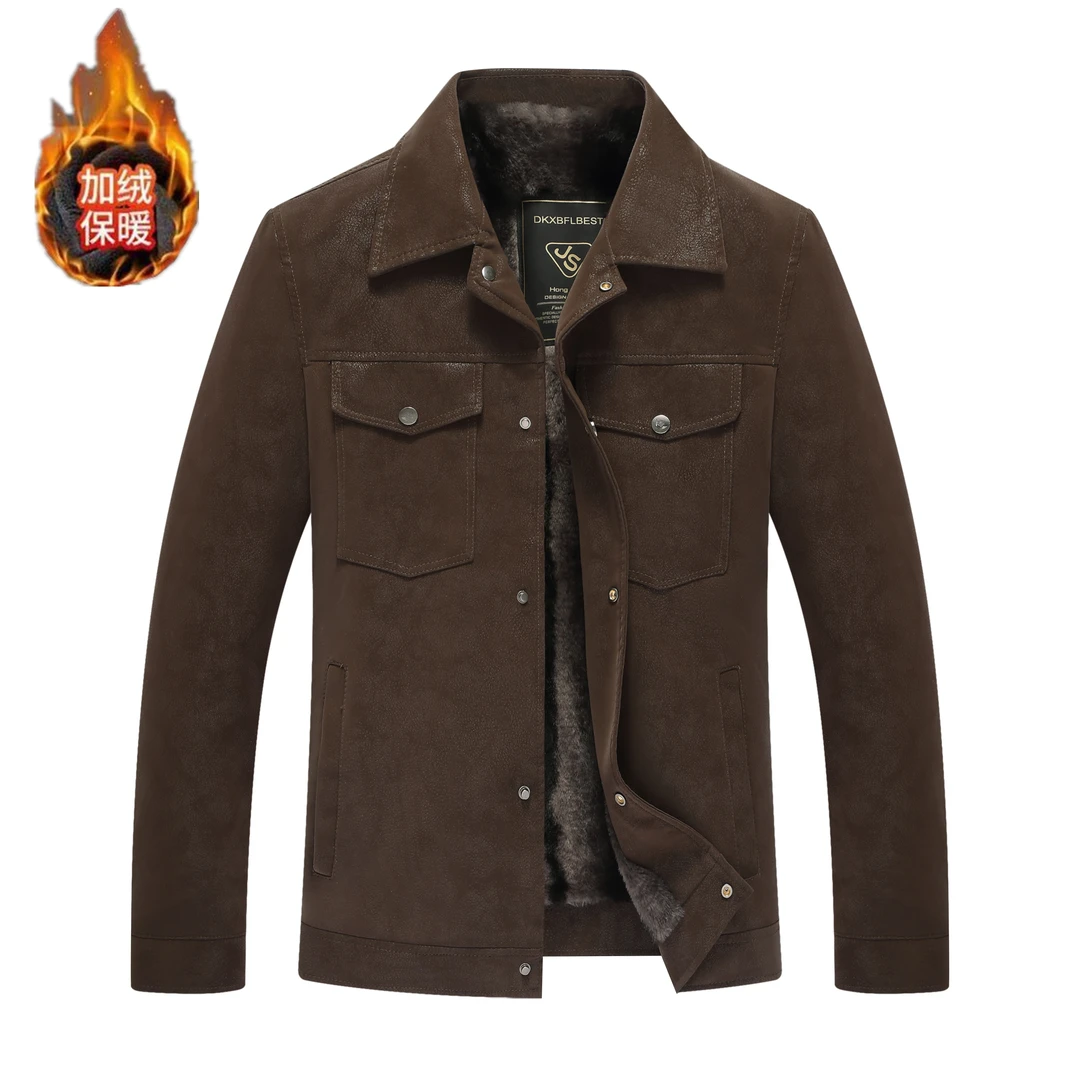 翻领冬季保暖中青年男士商务复古皮衣加绒百搭商务韩版修身时尚